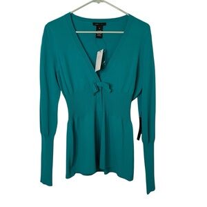 NWT Teal Snap Front Long Sleeve Ribbed Bow Detail Feminine Top Holiday Comfy